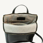 Full grain leather backpack, 30x39x11 cm, featuring “Made in Italy” polyester lining, two compartments, multiple zip pockets, and adjustable shoulder straps.