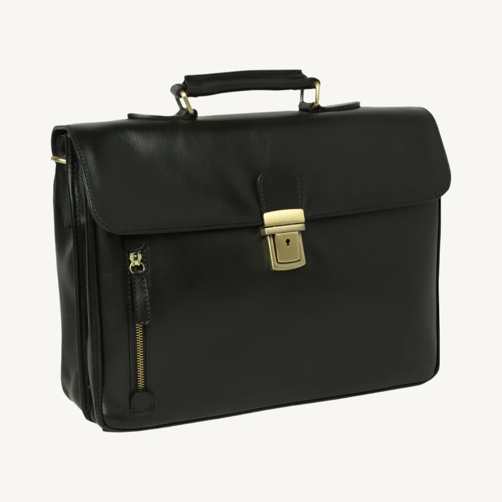 "Sophisticated black full grain leather briefcase, crafted for professionals with a timeless and durable design."