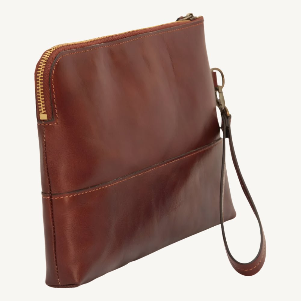 "Elegant full-grain calfskin leather document case with synthetic lining, two inner open pockets, and detachable handle – sleek and practical"