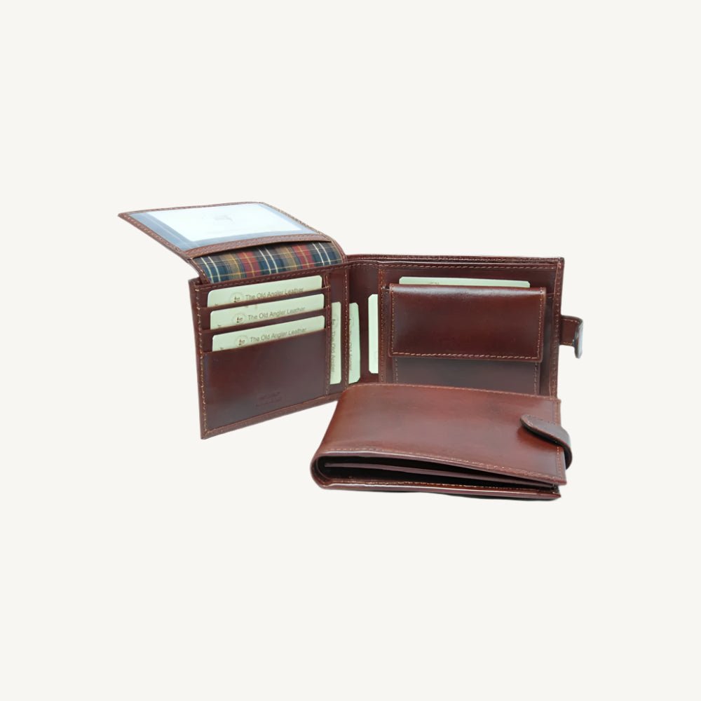 "Brown leather bifold wallet with RFID blocking – classic, slim, and secure for everyday use"
