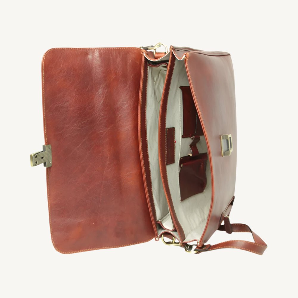 "Classic brown full grain leather briefcase, designed with timeless elegance and practical features for everyday professional use."
