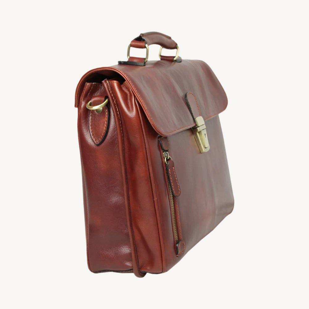 "Classic brown full grain leather briefcase, designed with timeless elegance and practical features for everyday professional use."