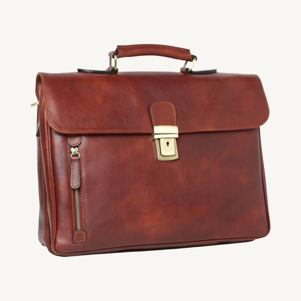 "Classic brown full grain leather briefcase, designed with timeless elegance and practical features for everyday professional use."