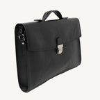 "Slim full-grain calfskin leather briefcase with lock and key closure, synthetic lining, and adjustable shoulder strap, designed for everyday business use."