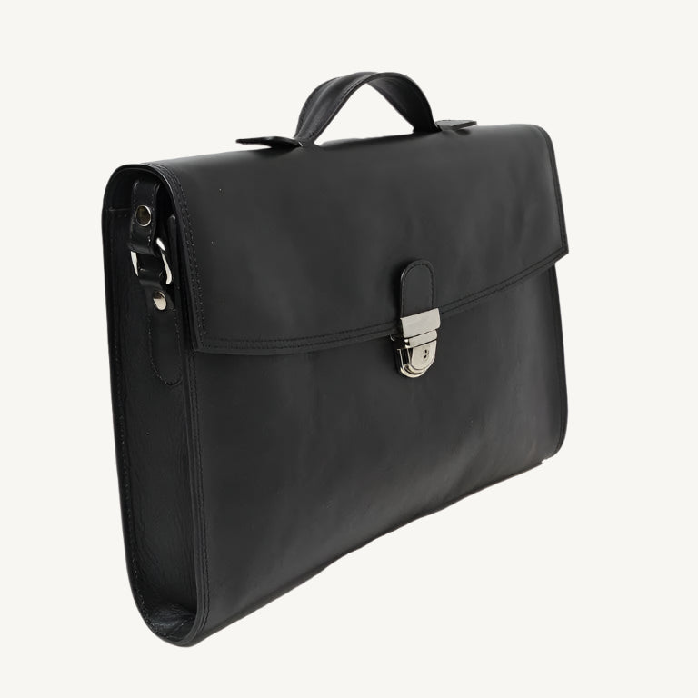 "Slim full-grain calfskin leather briefcase with lock and key closure, synthetic lining, and adjustable shoulder strap, designed for everyday business use."