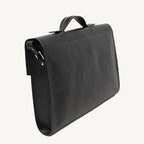 "Slim full-grain calfskin leather briefcase with lock and key closure, synthetic lining, and adjustable shoulder strap, designed for everyday business use."