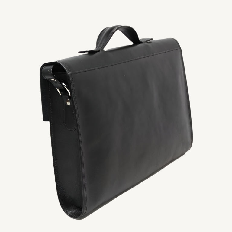 "Slim full-grain calfskin leather briefcase with lock and key closure, synthetic lining, and adjustable shoulder strap, designed for everyday business use."