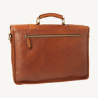 "Elegant 100% soft calfskin leather briefcase with polyester lining, featuring two exterior zip pockets, interior zip pocket, antique brass hardware, and adjustable padded shoulder strap."