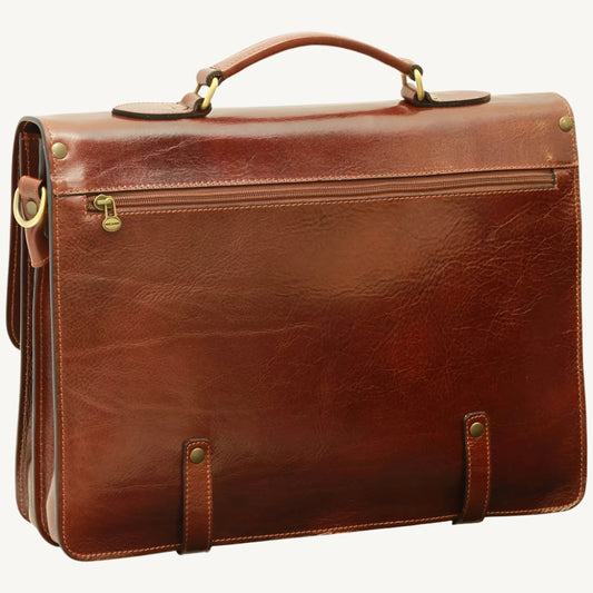 Leather Briefcase with Buckle Closures – Brown Full-Grain Calfskin