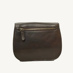 Elegant full-grain calfskin leather shoulder bag with front and back zippered pockets, leather lining, and adjustable strap.