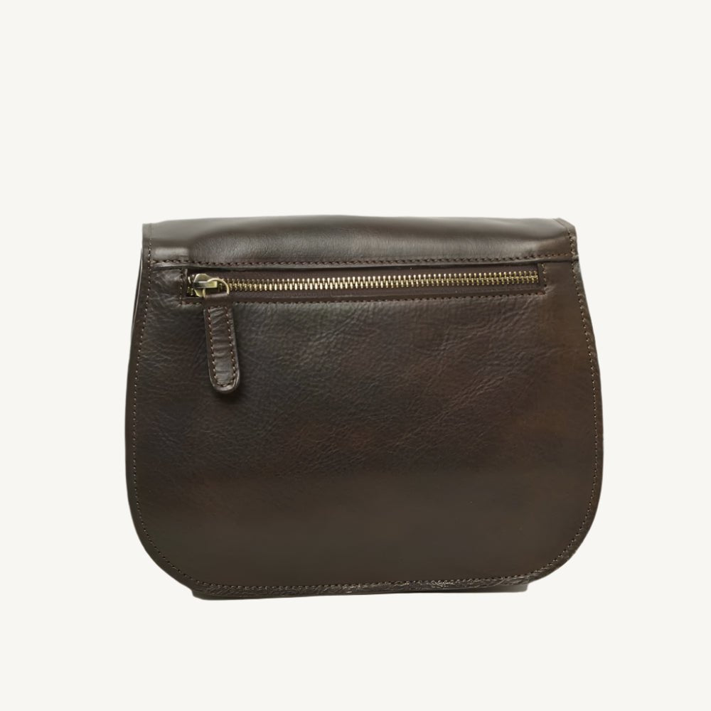 Elegant full-grain calfskin leather shoulder bag with front and back zippered pockets, leather lining, and adjustable strap.