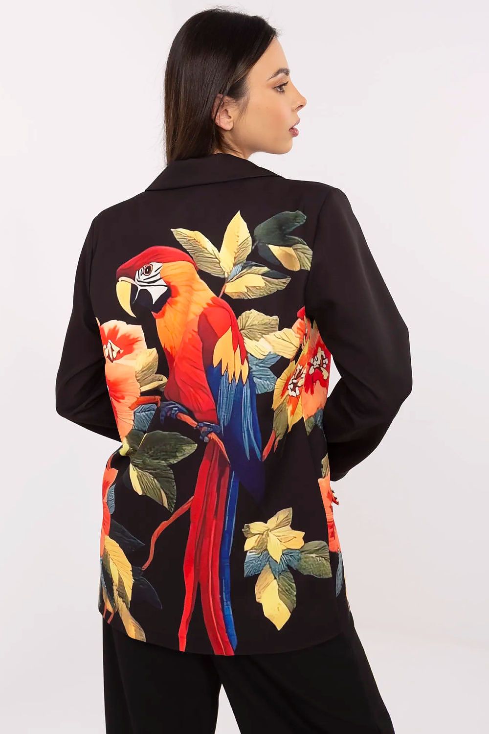 Black jacket with colorful parrot and leaf design on a white background