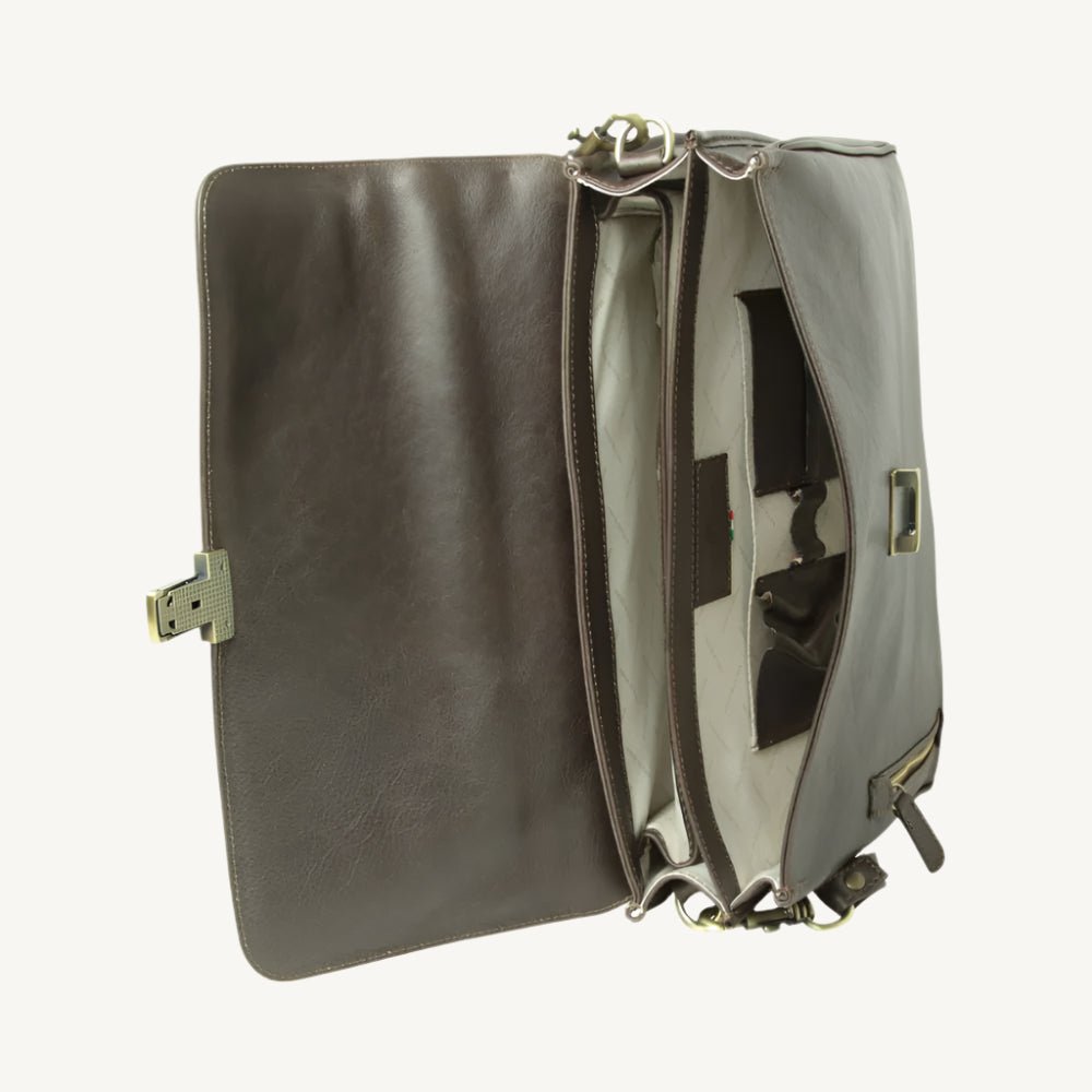 Full grain leather briefcase with clasp flap, laptop compartment, synthetic lining, phone pocket, pen holder, and removable leather shoulder strap.