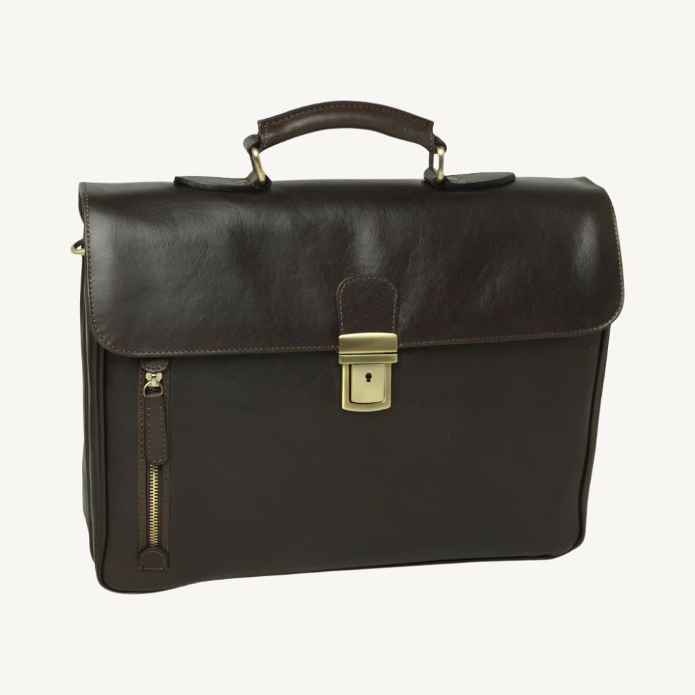Full grain leather briefcase with clasp flap, laptop compartment, synthetic lining, phone pocket, pen holder, and removable leather shoulder strap.