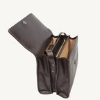"Full-grain calfskin leather shoulder bag with three compartments, zippered rear pocket, and adjustable shoulder strap"