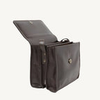 "Full-grain calfskin leather shoulder bag with three compartments, zippered rear pocket, and adjustable shoulder strap"
