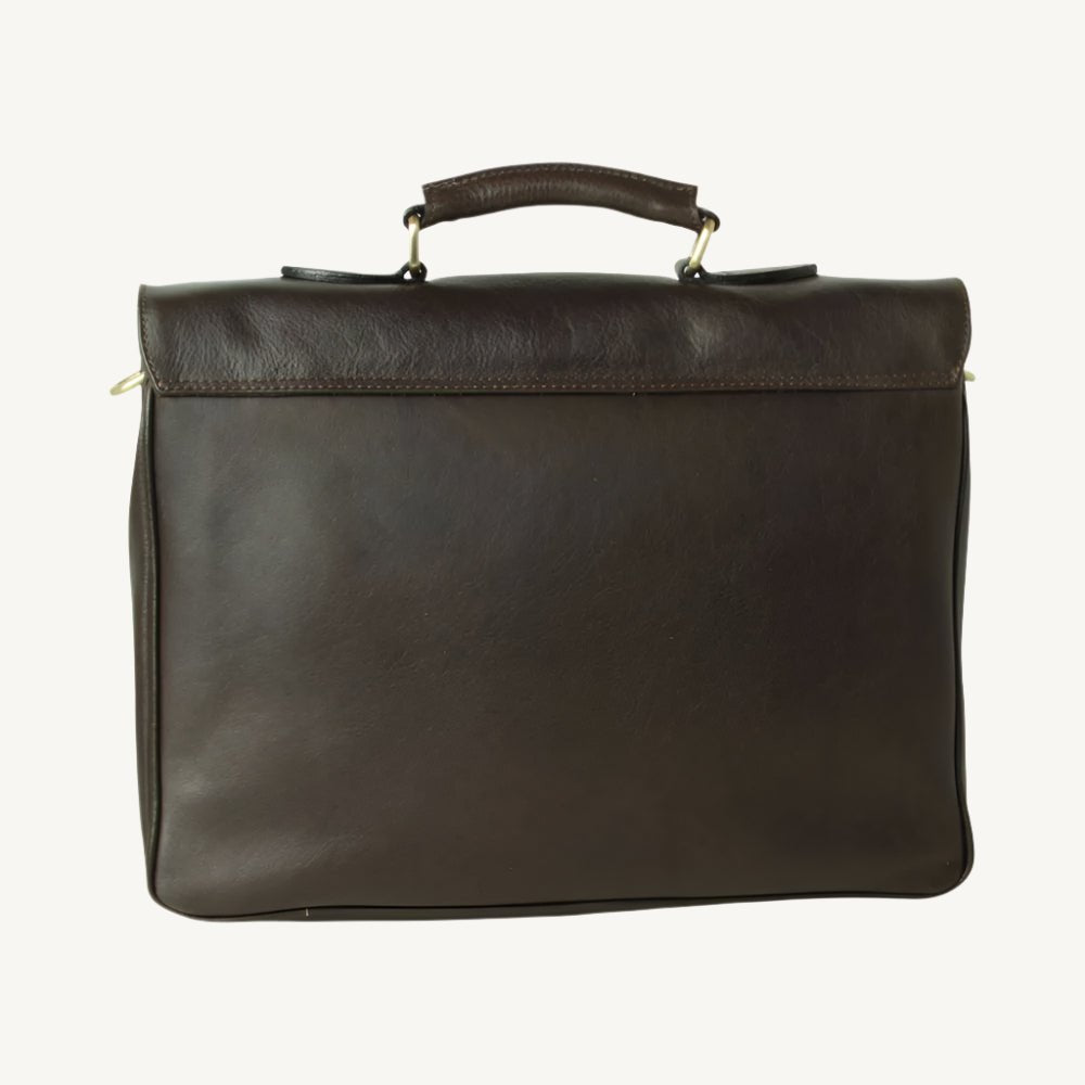 Full grain leather briefcase with clasp flap, laptop compartment, synthetic lining, phone pocket, pen holder, and removable leather shoulder strap.