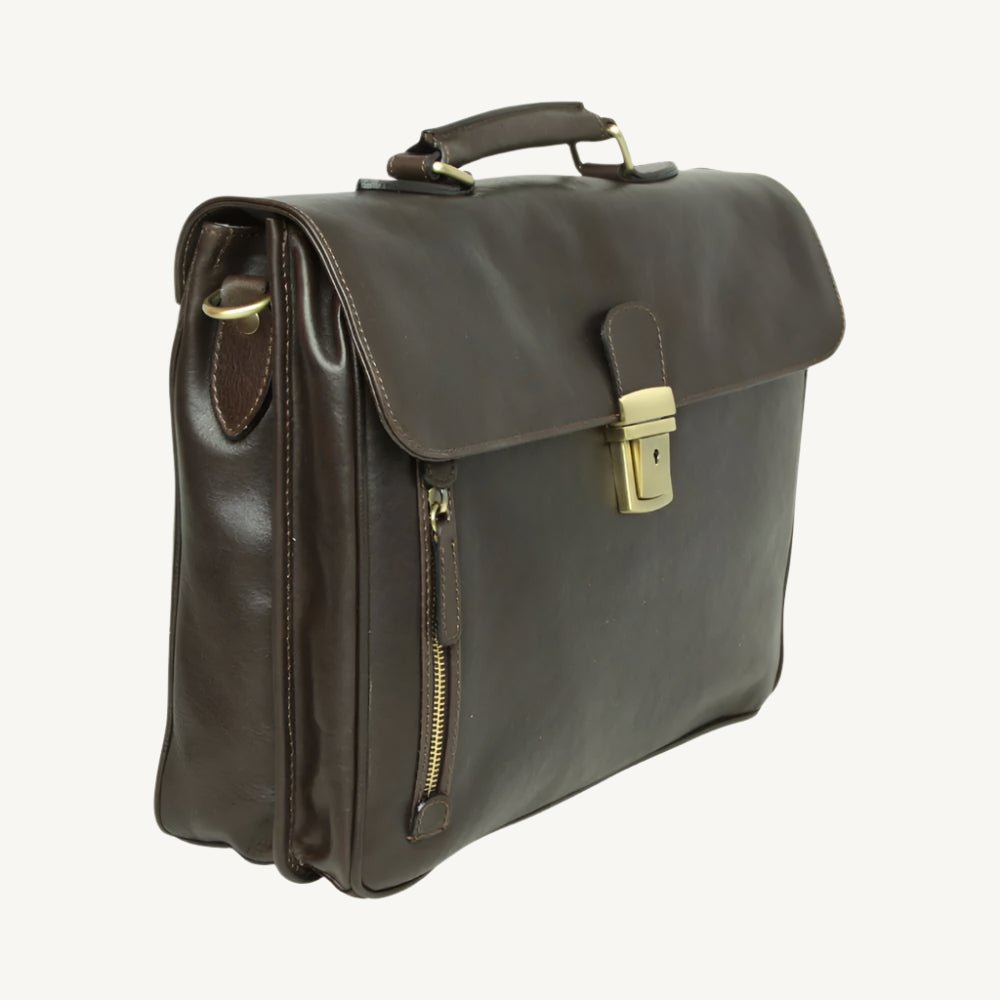 Full grain leather briefcase with clasp flap, laptop compartment, synthetic lining, phone pocket, pen holder, and removable leather shoulder strap.