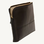 "Full-grain calfskin leather document case with synthetic lining, inner pockets, and detachable handle – sleek and professional"