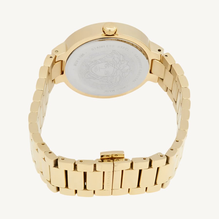 Versace VE2K00721 Greca ladies watch with polished gold-tone stainless steel case and bracelet, black dial, sapphire glass – luxury Swiss quartz timepiece for women.