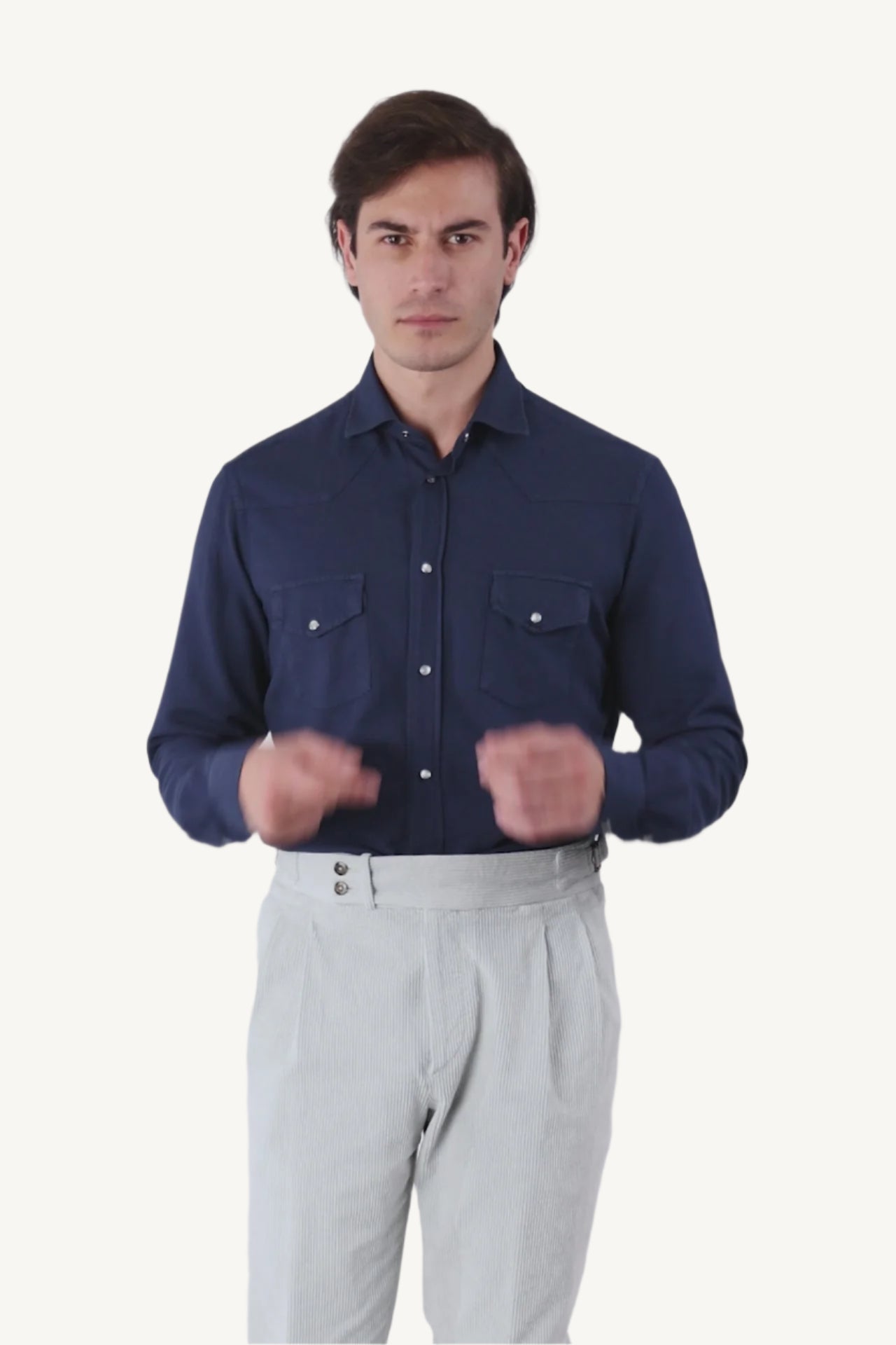 Blue cotton and viscose shirt — soft, breathable, and versatile, designed for autumn and winter, offering casual elegance and comfort in cooler weather.
