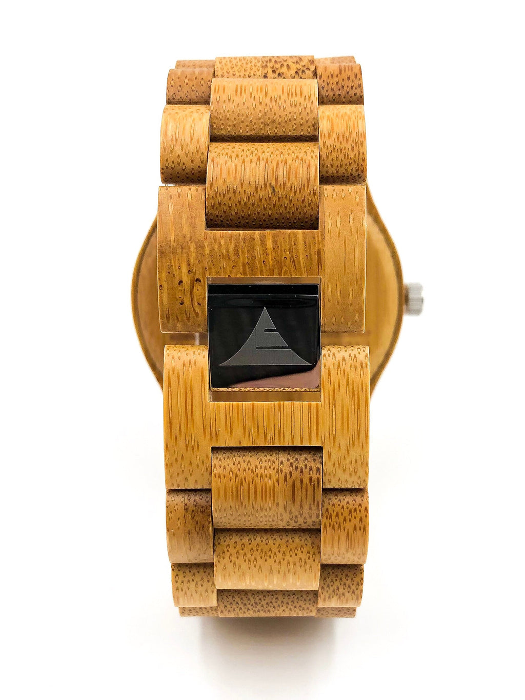 Wooden watch with a black face on a white background