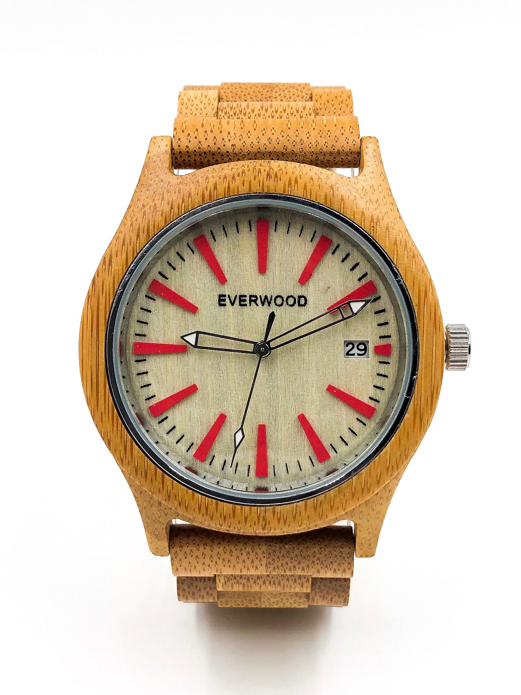 Wooden watch with red accents and 'Everwood' branding on a white background