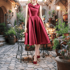 Versatile vintage-inspired dress crafted from pearlescent mikado — lightweight and voluminous with a fitted top, sculpted collar, and a hidden zipper for nursing mothers. Suitable for both daytime and evening events.