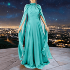 Elegant high-collar gown with long tie-back sides, adjustable sleeves, chiffon and satin layered skirt, built-in V-shaped belt, and invisible back zipper. Made from premium Italian fabrics, fully lined for comfort.