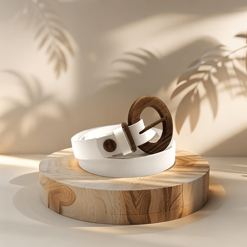 Luxury women's leather wood belt "Fuji Happiness 308" — crafted from premium leather with a natural wood accent, offering a refined blend of elegance, quality, and modern design.