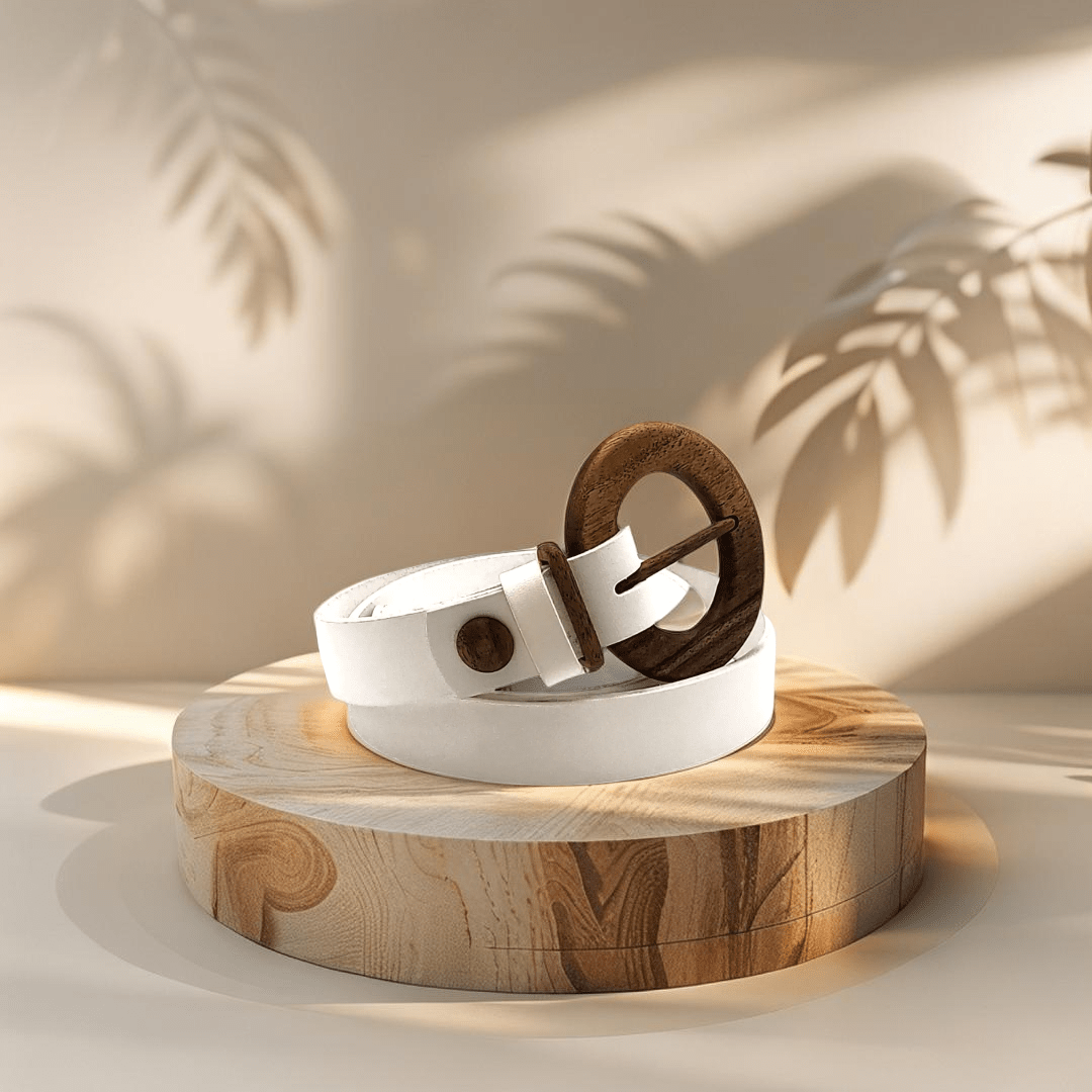 Luxury women's leather wood belt "Fuji Happiness 308" — crafted from premium leather with a natural wood accent, offering a refined blend of elegance, quality, and modern design.