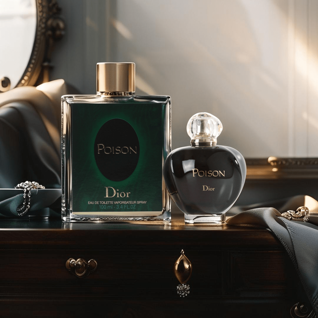 "Dior Poison 3.4 oz Eau de Toilette Spray – a bold and mysterious oriental floral fragrance with rich notes of plum, tuberose, incense, honey, and opoponax, perfect for confident, seductive women."