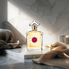 "Guerlain Samsara 2.5 oz Eau de Toilette Spray for Women – elegant ruby-red bottle with gold accents, featuring a fan-shaped cap, showcasing the iconic oriental floral fragrance."