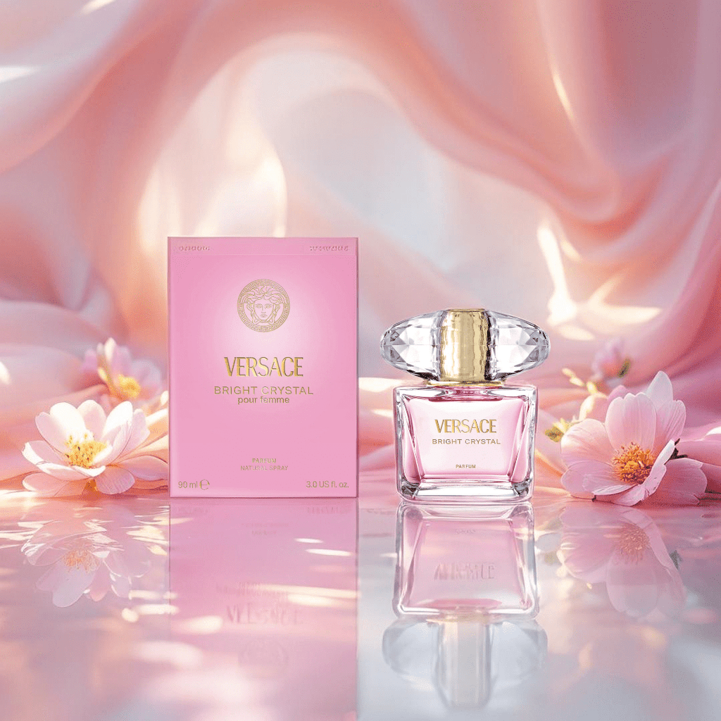 "Versace Bright Crystal 3 oz Parfum Spray for women – a radiant, long-lasting floral-fruity fragrance featuring notes of pomegranate, peony, magnolia, and musk."