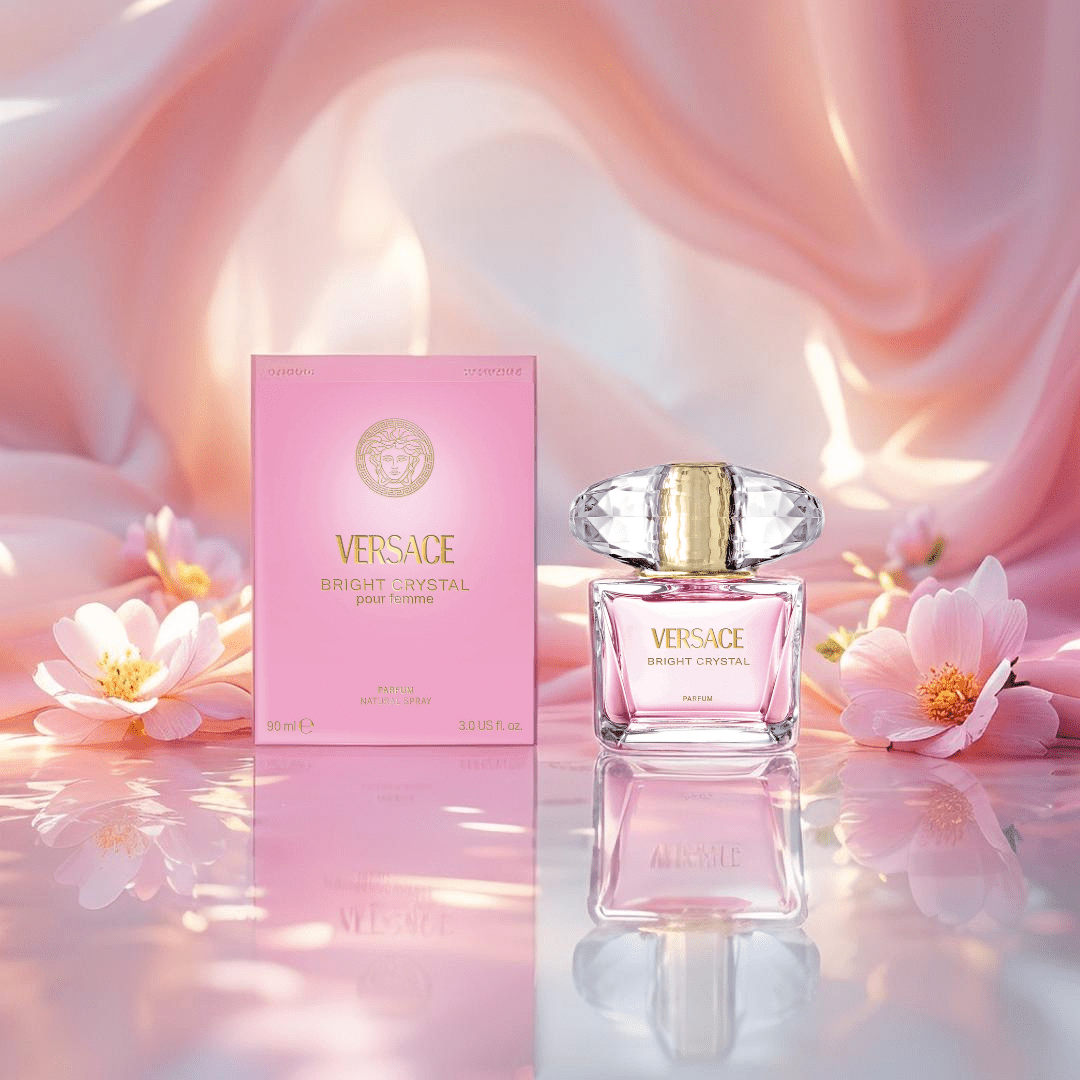 "Versace Bright Crystal 3 oz Parfum Spray for women – a radiant, long-lasting floral-fruity fragrance featuring notes of pomegranate, peony, magnolia, and musk."
