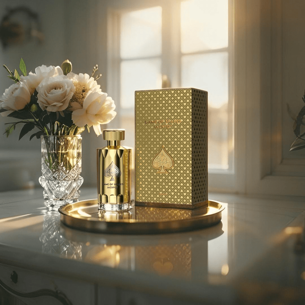 "Jo Milano Paris Game of Spades Jackpot 3.4 oz Parfum Spray – a luxurious gold-toned bottle adorned with an embossed spade emblem, reflecting elegance and sophistication."