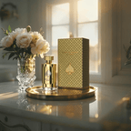 "Jo Milano Paris Game of Spades Jackpot 3.4 oz Parfum Spray – a luxurious gold-toned bottle adorned with an embossed spade emblem, reflecting elegance and sophistication."