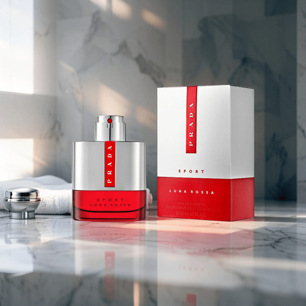 "Prada Luna Rossa Sport 1.7 oz Eau de Toilette Spray for men – a fresh and spicy fragrance with notes of ginger, lavender, juniper berries, and tonka bean, designed for energetic, confident, and modern men."
