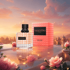 "Valentino Donna Born in Roma Coral Fantasy 3.4 oz Eau de Parfum Spray – a radiant floral-fruity fragrance for women with notes of juicy kiwi, rose, and musk, presented in a bold coral-colored studded bottle."