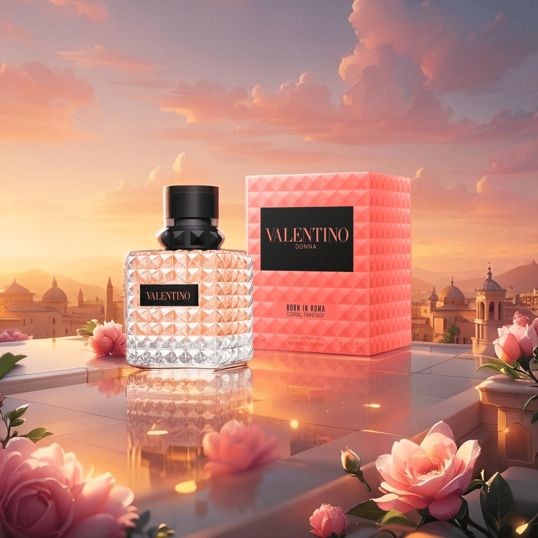 "Valentino Donna Born in Roma Coral Fantasy 3.4 oz Eau de Parfum Spray – a radiant floral-fruity fragrance for women with notes of juicy kiwi, rose, and musk, presented in a bold coral-colored studded bottle."