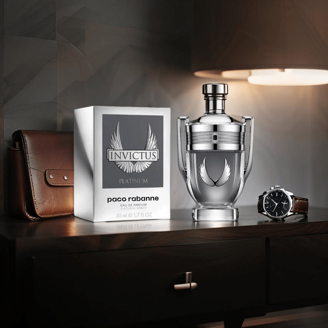 "Paco Rabanne Invictus Platinum 1.7 oz Eau de Parfum Spray – a bold and energizing men’s fragrance featuring grapefruit, mint, lavender, patchouli, and cypress. A fresh and intense scent in a sleek, travel-friendly size."