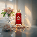 "Jo Milano Paris Game of Spades Ruby 3 oz Parfum Spray – a luxurious ruby-red glass bottle adorned with a gold-toned cap and an embellished spade emblem, reflecting elegance and sophistication."