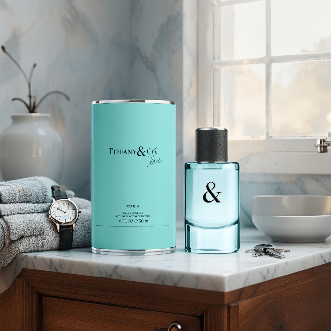 "Tiffany & Co. Love 1.6 oz Eau de Toilette Spray for men – a modern, fresh woody-citrus fragrance with notes of ginger, mandarin, juniper, sandalwood, and sequoia, crafted to celebrate love and connection."