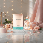 "Tiffany & Co. Rose Gold 1.6 oz Eau de Parfum Spray for women – a luminous floral-fruity fragrance with notes of blackcurrant, blue rose accord, and ambrette seed, encased in a chic rose gold bottle."