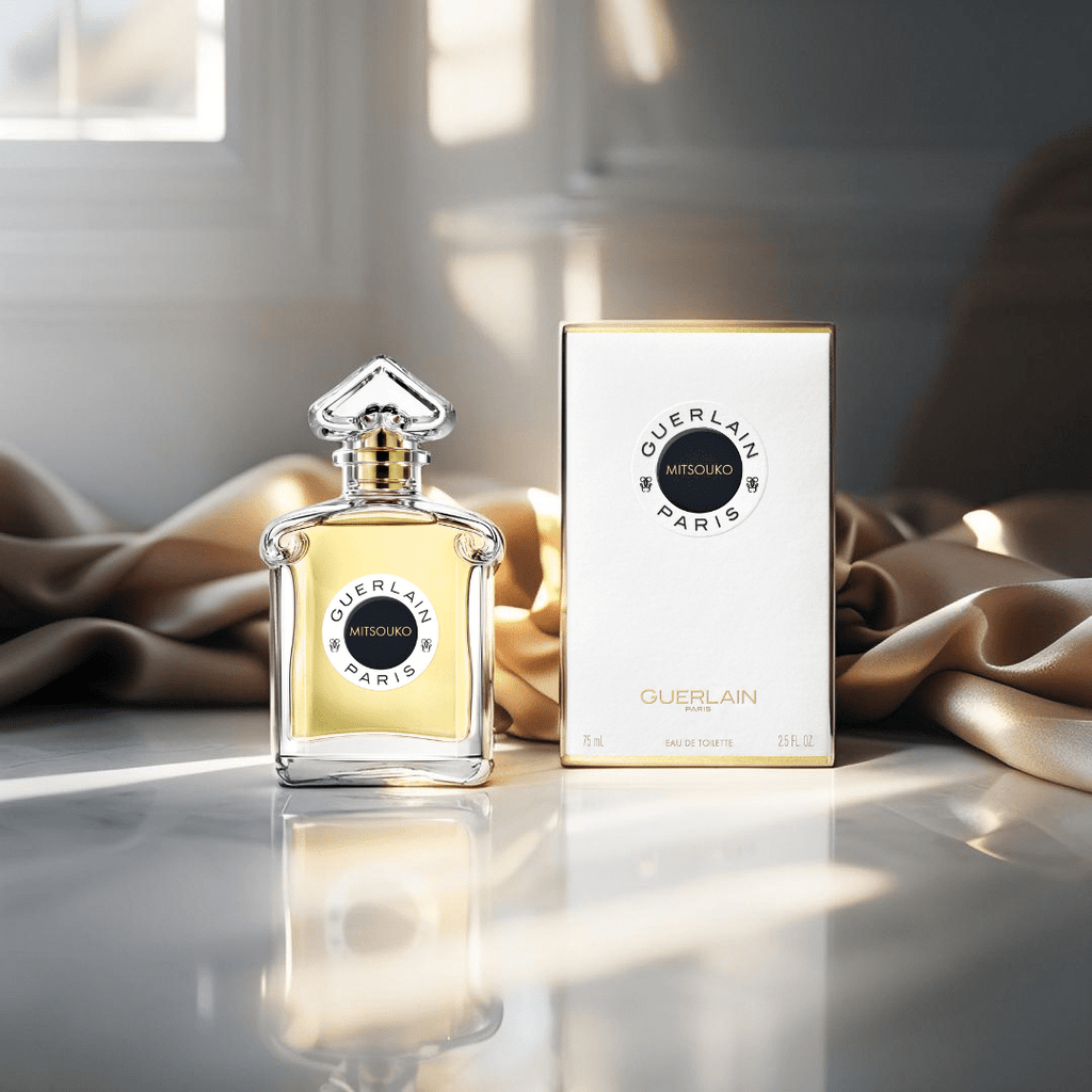 "Guerlain Mitsouko 2.5 oz Eau de Toilette Spray for Women – elegant glass bottle with golden-hued fragrance and classic Guerlain design, reflecting the timeless chypre scent."​