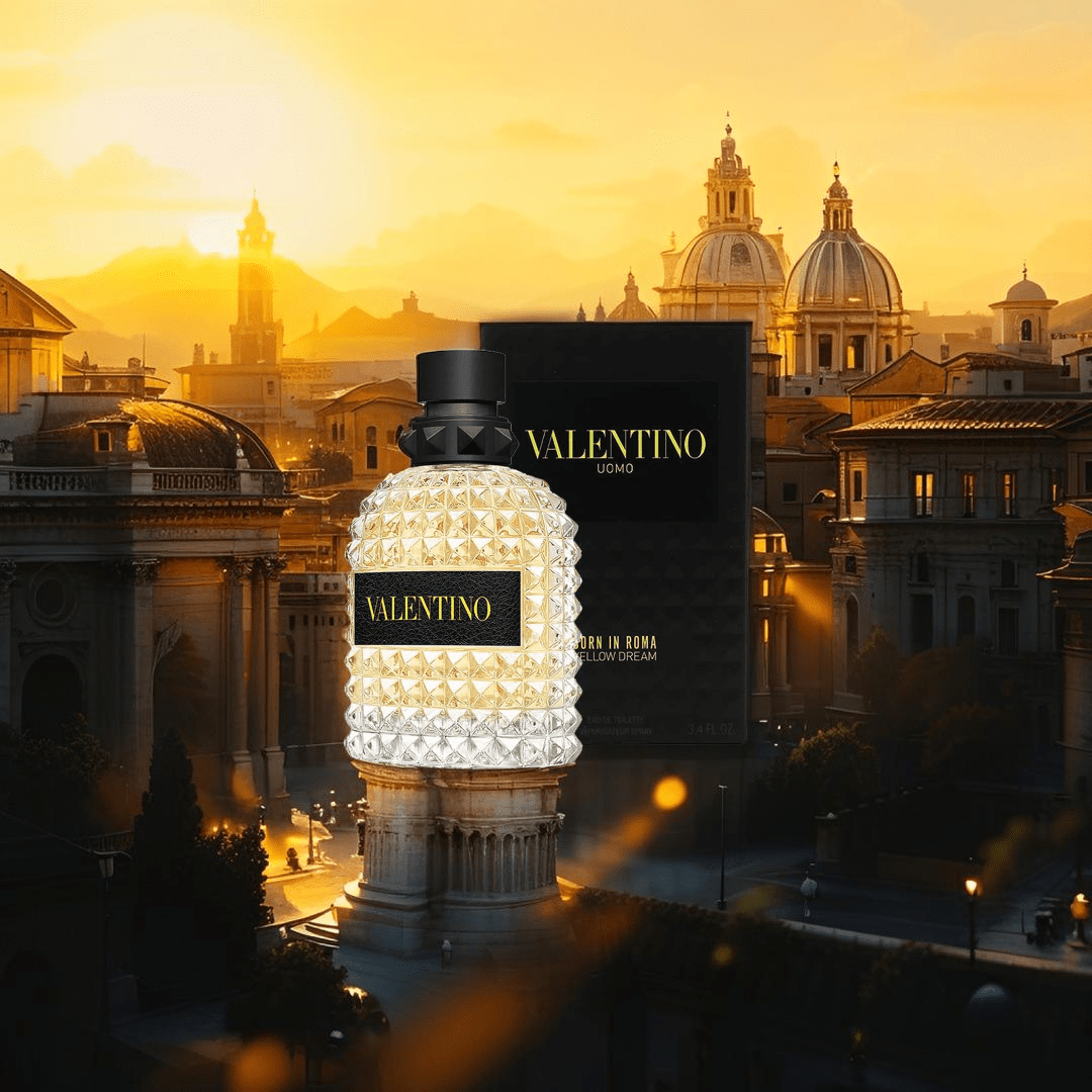 "Valentino Uomo Born in Roma Yellow Dream 3.4 oz Eau de Toilette Spray for men – a vibrant, spicy-woody fragrance with notes of pineapple, mandarin, gingerbread, and cedarwood, in a studded yellow-accented bottle."