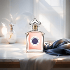 "Guerlain Insolence 2.5 oz Eau de Toilette Spray for Women – elegant glass bottle with a radiant pink hue, featuring the iconic inverted heart-shaped stopper, reflecting the vibrant and youthful fragrance."