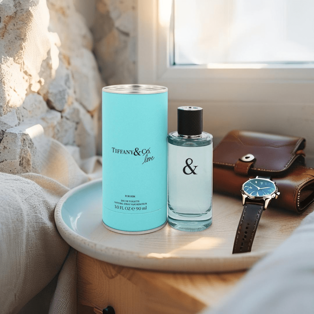 "Tiffany & Co. Love 3 oz Eau de Toilette Spray for men – a fresh, woody-citrus fragrance featuring notes of ginger, mandarin, juniper, sandalwood, and sequoia, created as a modern expression of love."