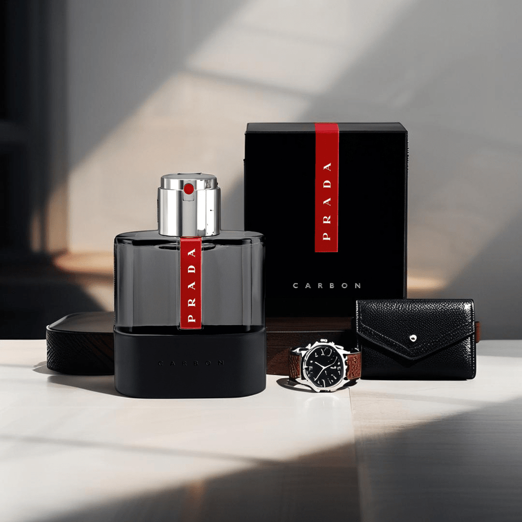 Prada Luna Rossa Carbon Eau de Toilette 1.7 oz bottle — a sleek men’s fragrance blending fresh metallic accord with warm pepper and amber notes, inspired by athletic excellence.