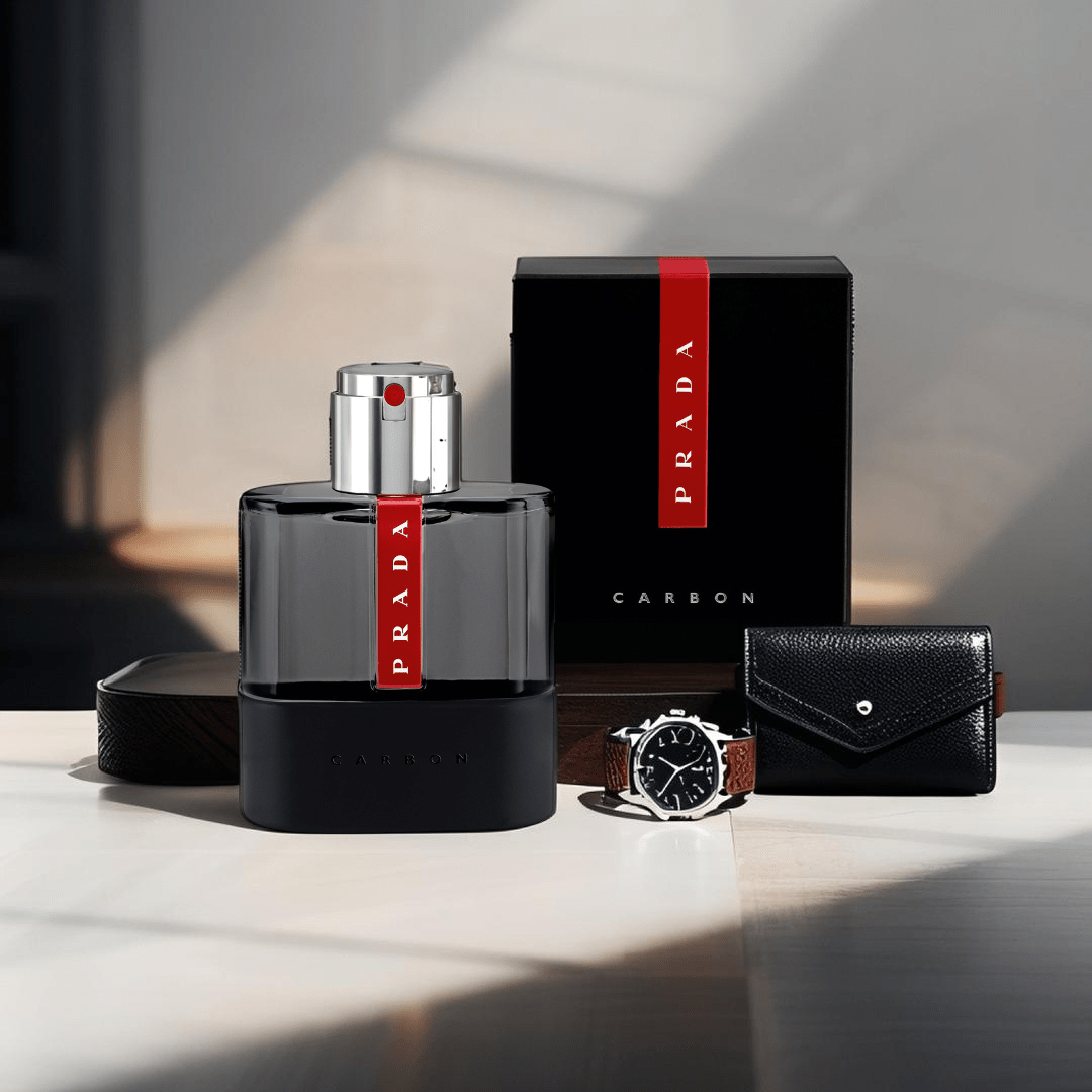 Prada Luna Rossa Carbon Eau de Toilette 1.7 oz bottle — a sleek men’s fragrance blending fresh metallic accord with warm pepper and amber notes, inspired by athletic excellence.